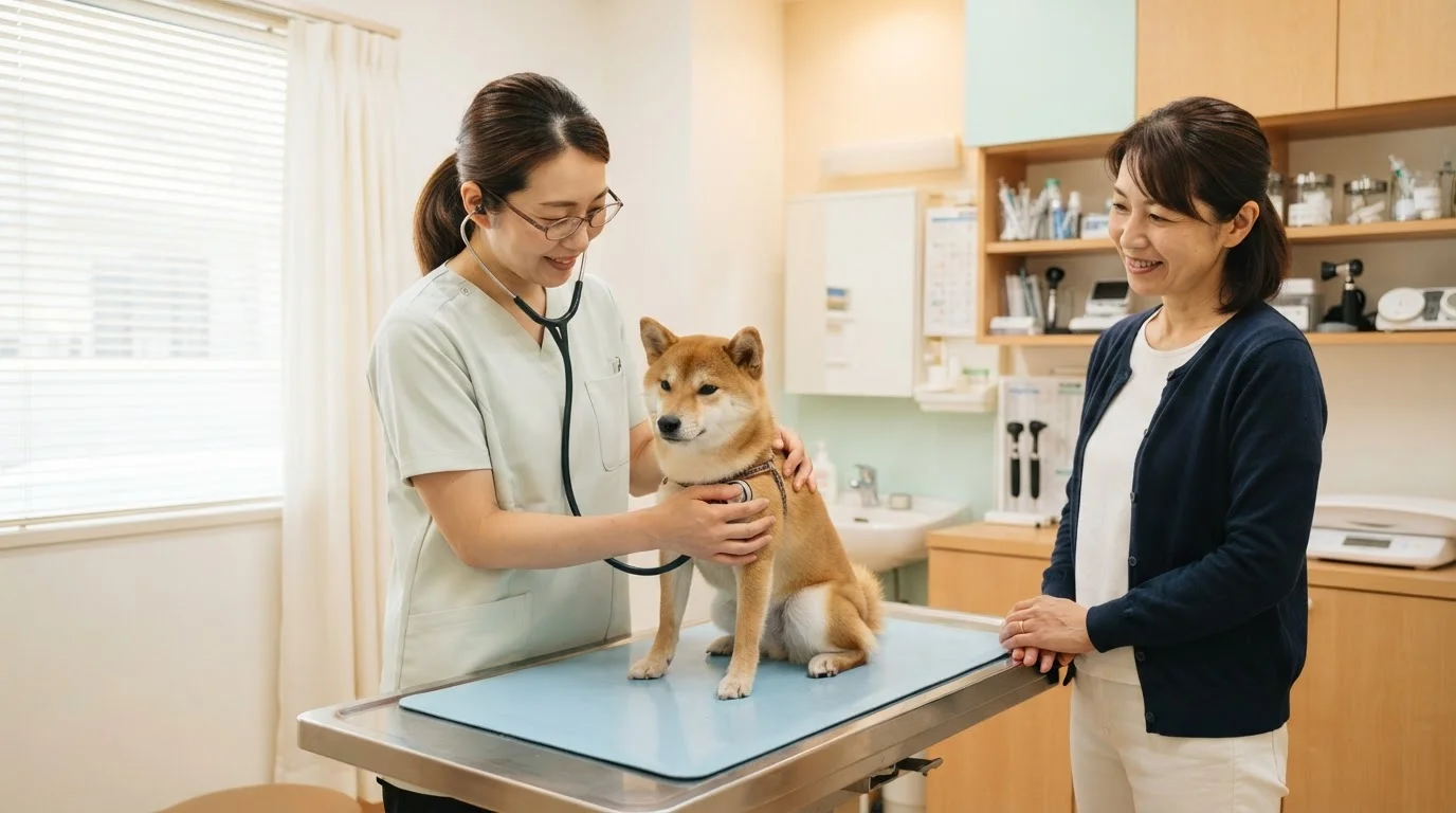 診察台で犬の体調を確認する獣医師の手元