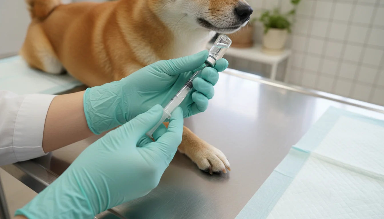 犬への予防接種に備えて注射器を準備する診療室の手元