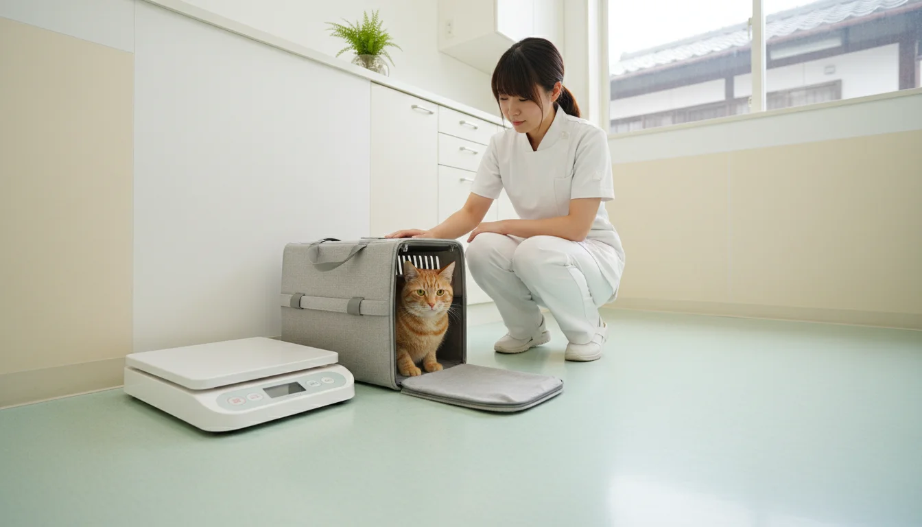 診察台で猫の健康状態を確認する獣医師の手元