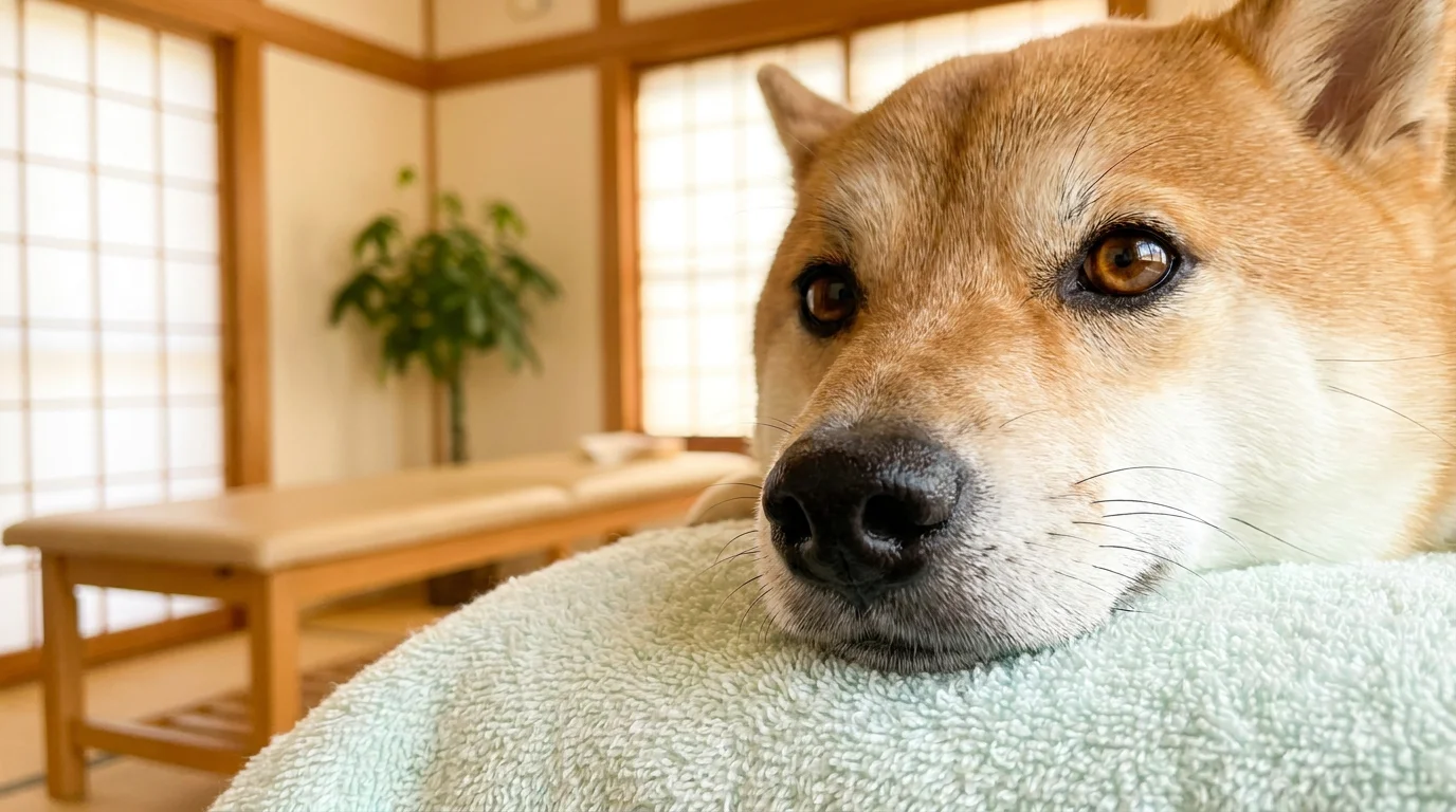 診療を終えた犬を抱きながら獣医師と話す飼い主