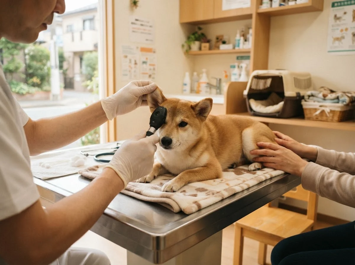 診察台の上で犬の耳と目を確認する獣医師の手元