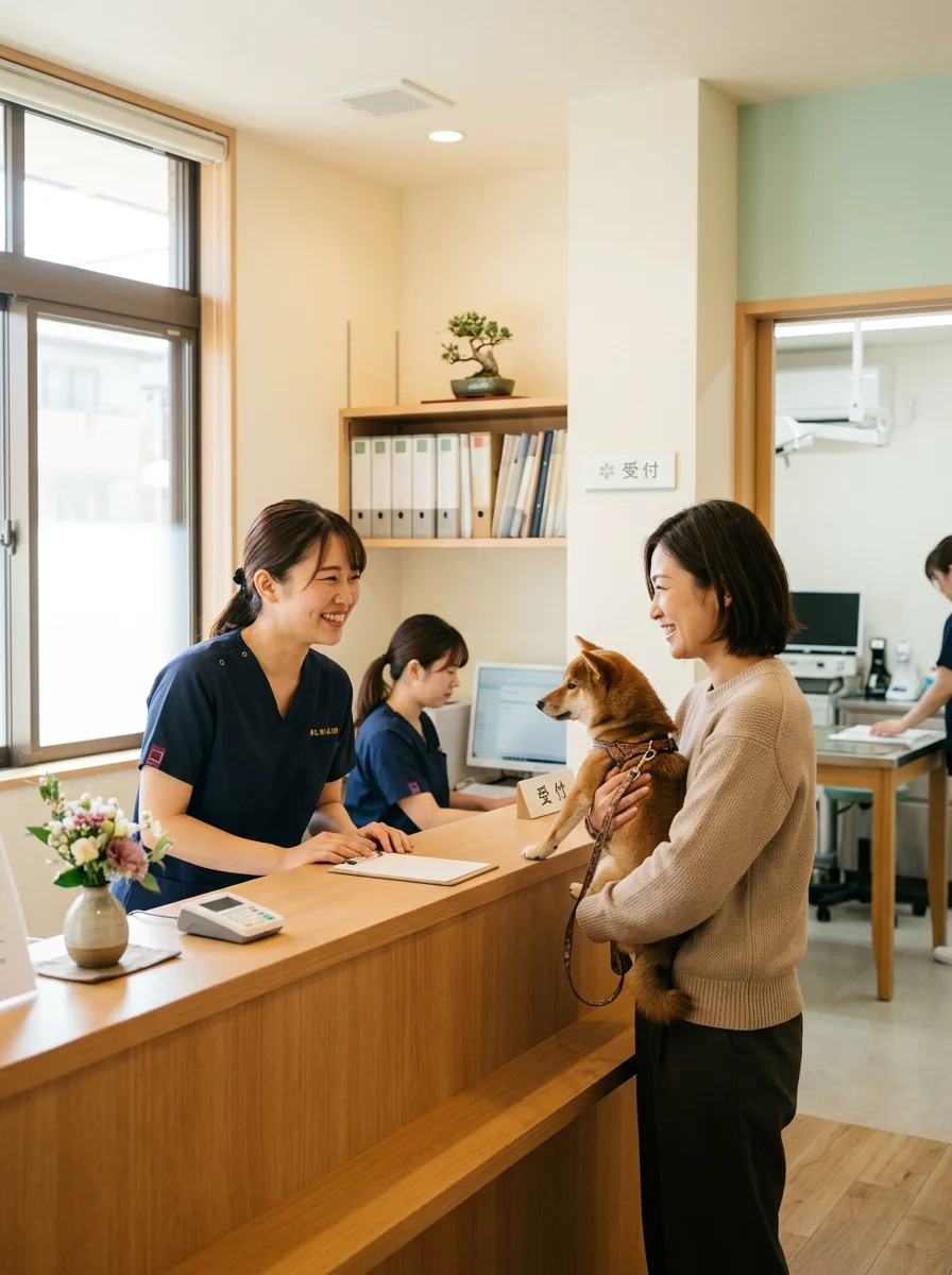 受付で来院した飼い主を迎える動物看護スタッフ